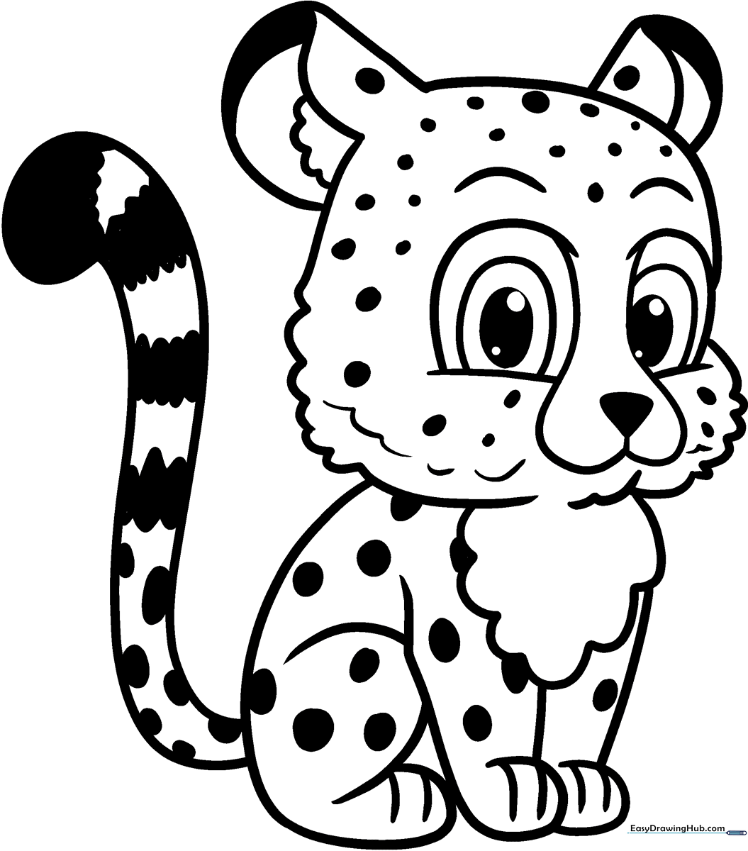 A friendly cartoon cheetah with large expressive eyes and distinct spots, outlined in bold black lines on a white background, ready for coloring.