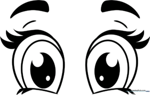 Black and white line art of two large, expressive cartoon eyes with thick eyelashes and circular highlights, ready for coloring.