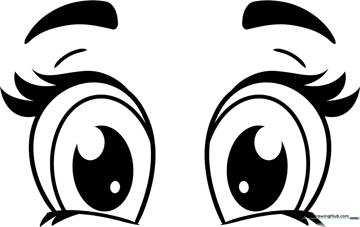 Black and white line art of two large, expressive cartoon eyes with thick eyelashes and circular highlights, ready for coloring.