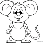 Black and white line art of a smiling cartoon mouse with large round ears, perfect for children to color with crayons or markers.