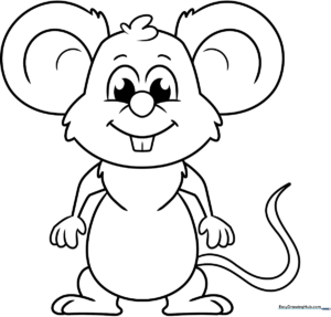 Black and white line art of a smiling cartoon mouse with large round ears, perfect for children to color with crayons or markers.