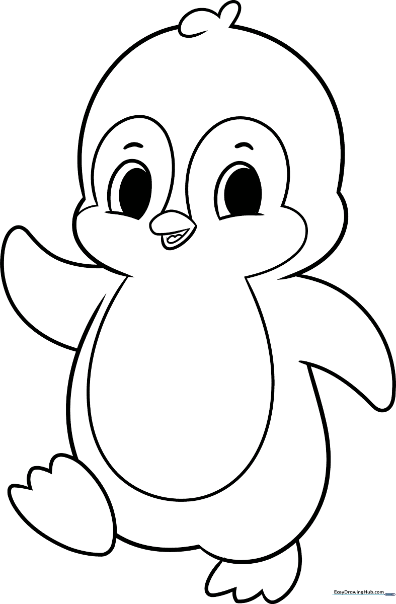 Black and white line art of a friendly cartoon penguin with large eyes, standing on a snowy base, ready for coloring.