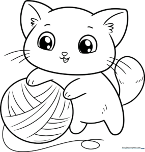A friendly cartoon cat with large expressive eyes and simple outlines, designed for children to color with crayons or markers.