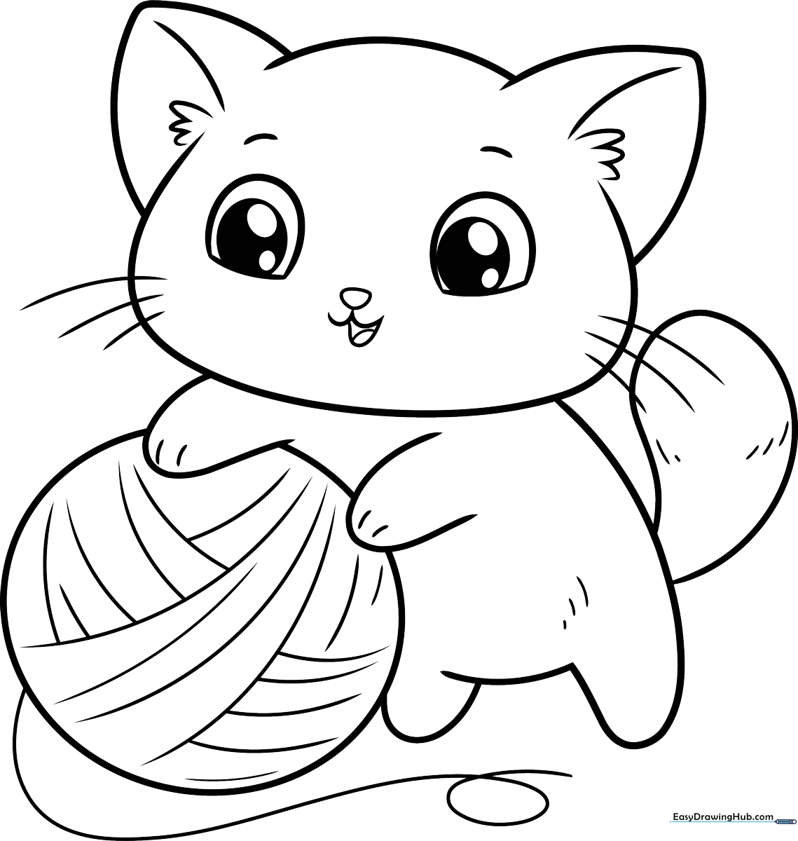 A friendly cartoon cat with large expressive eyes and simple outlines, designed for children to color with crayons or markers.
