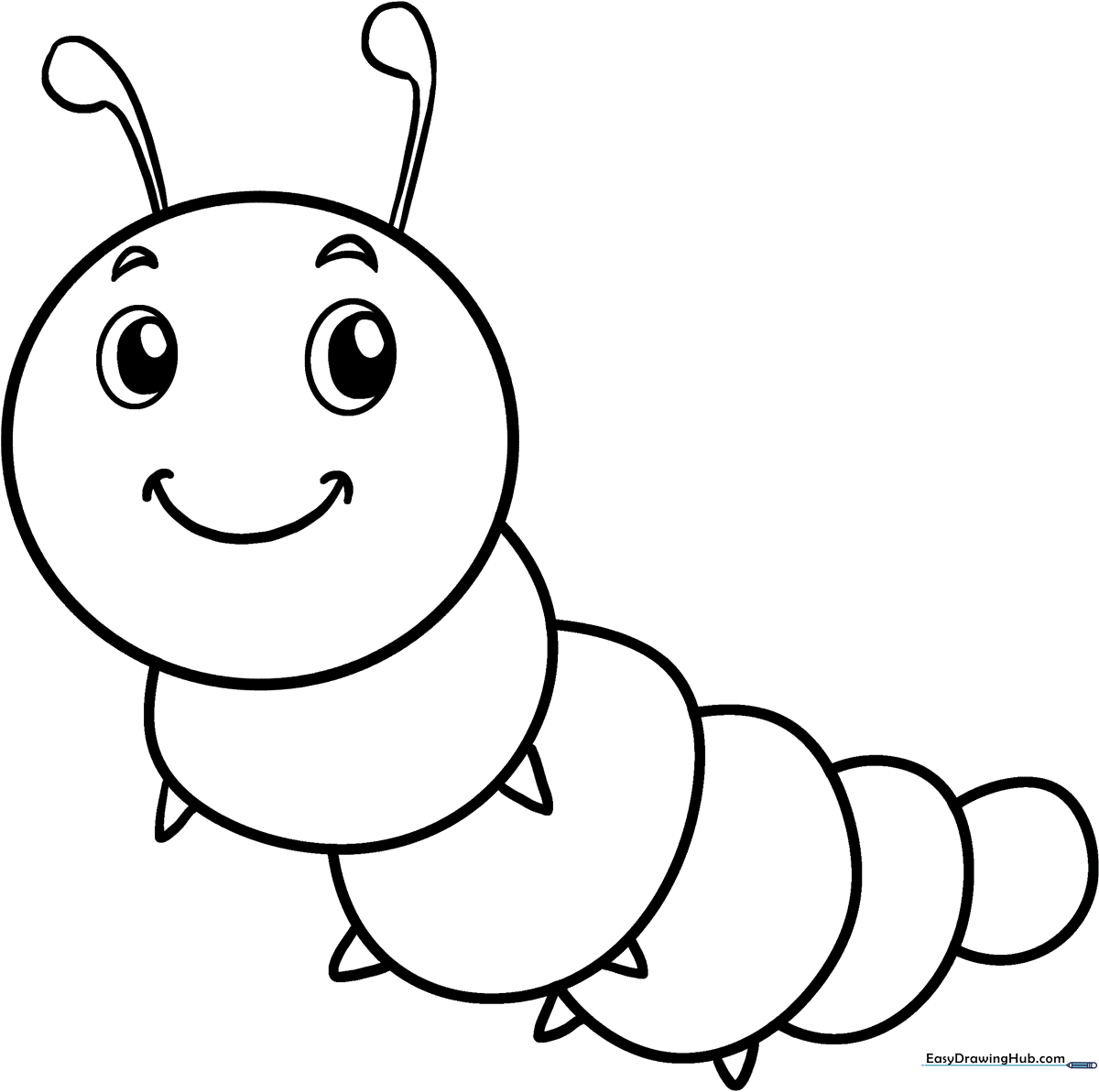 A friendly, smiling caterpillar with round body segments and small antennae, outlined in thick black lines for easy coloring by young children.