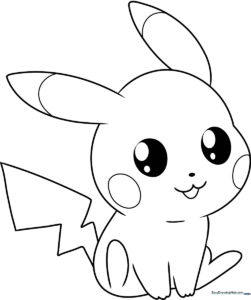 Black and white line art of a Chibi Pikachu with large expressive eyes and rounded features, optimized for children's coloring practice.