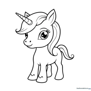 Black and white line art of a chibi unicorn with large expressive eyes and a flowing mane, ready for children to color.