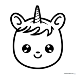 Black and white line art of a chibi unicorn head with large expressive eyes, a small horn, and a flowing mane, ready for coloring.