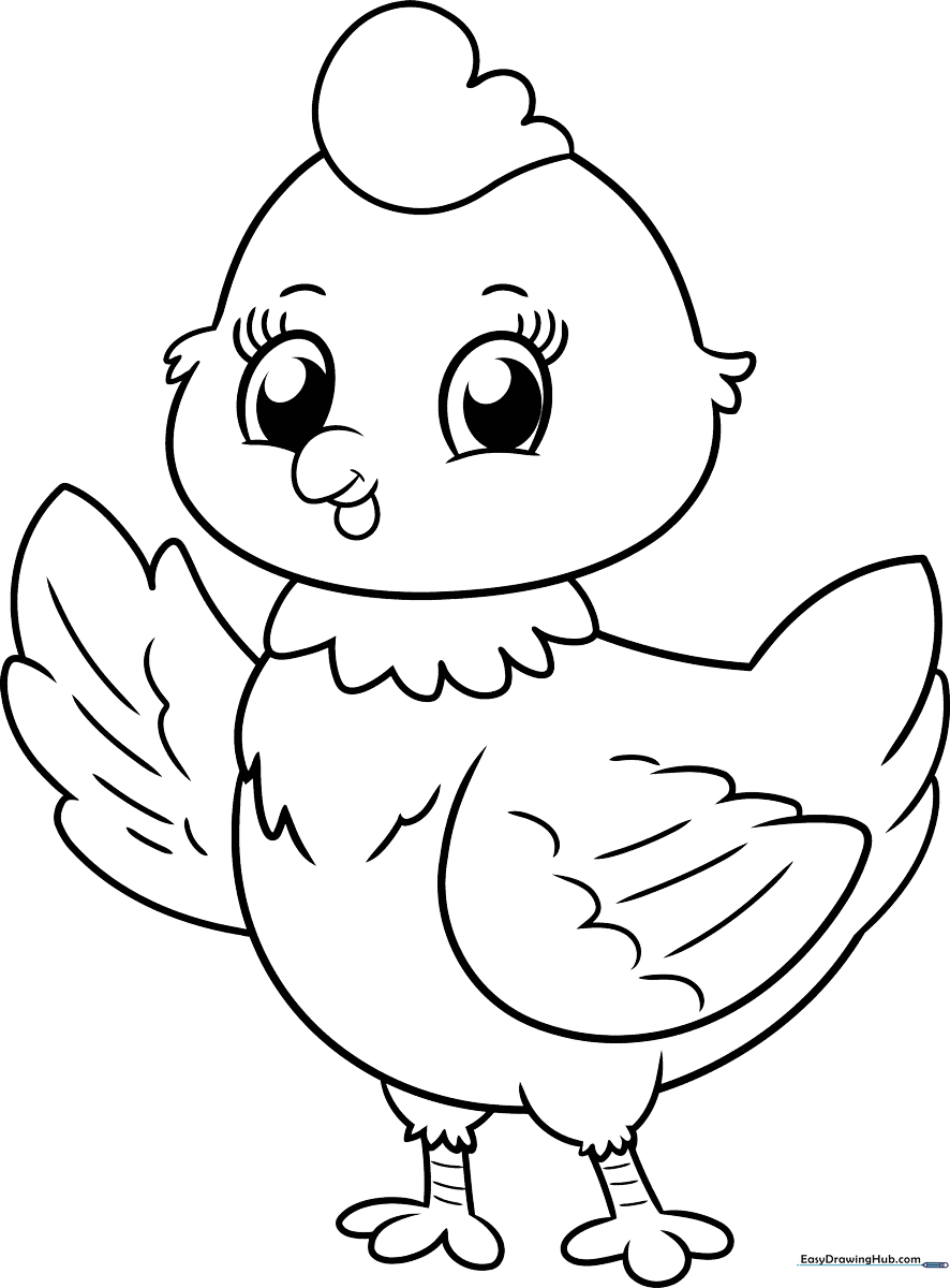 A friendly cartoon chicken with large eyes and simple, bold outlines, designed as a coloring activity for young children to practice fine motor skills.