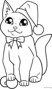 A friendly cartoon cat wearing a festive Santa hat, outlined in bold black lines for easy coloring by children.
