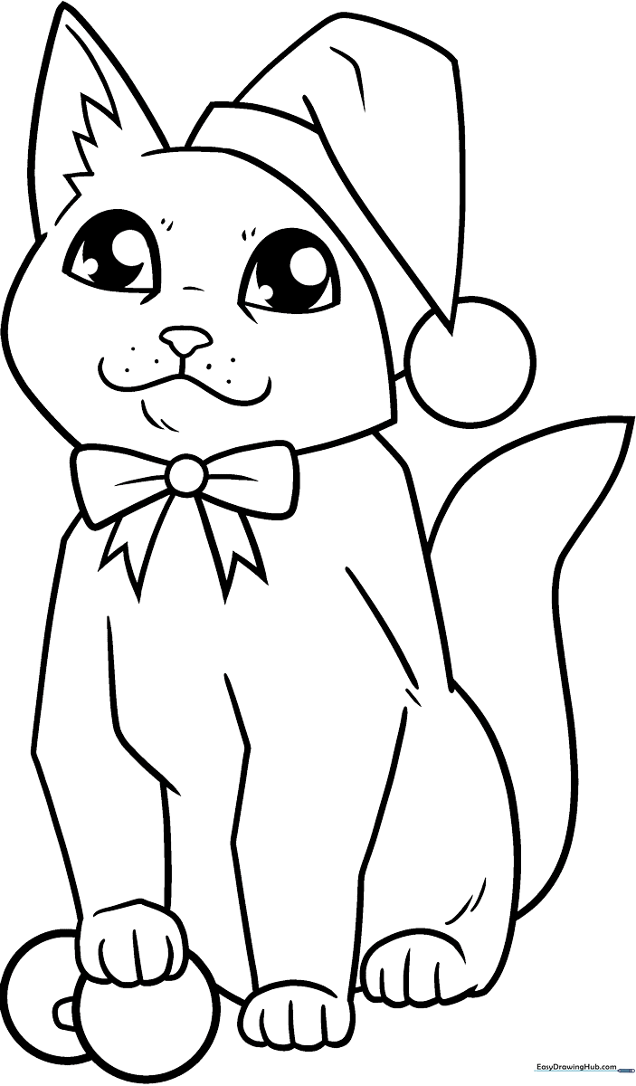 A friendly cartoon cat wearing a festive Santa hat, outlined in bold black lines for easy coloring by children.