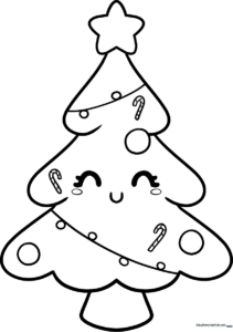 A cheerful cartoon Christmas tree with a smiling face, star topper, and round ornaments, ready for children to color with crayons or markers.