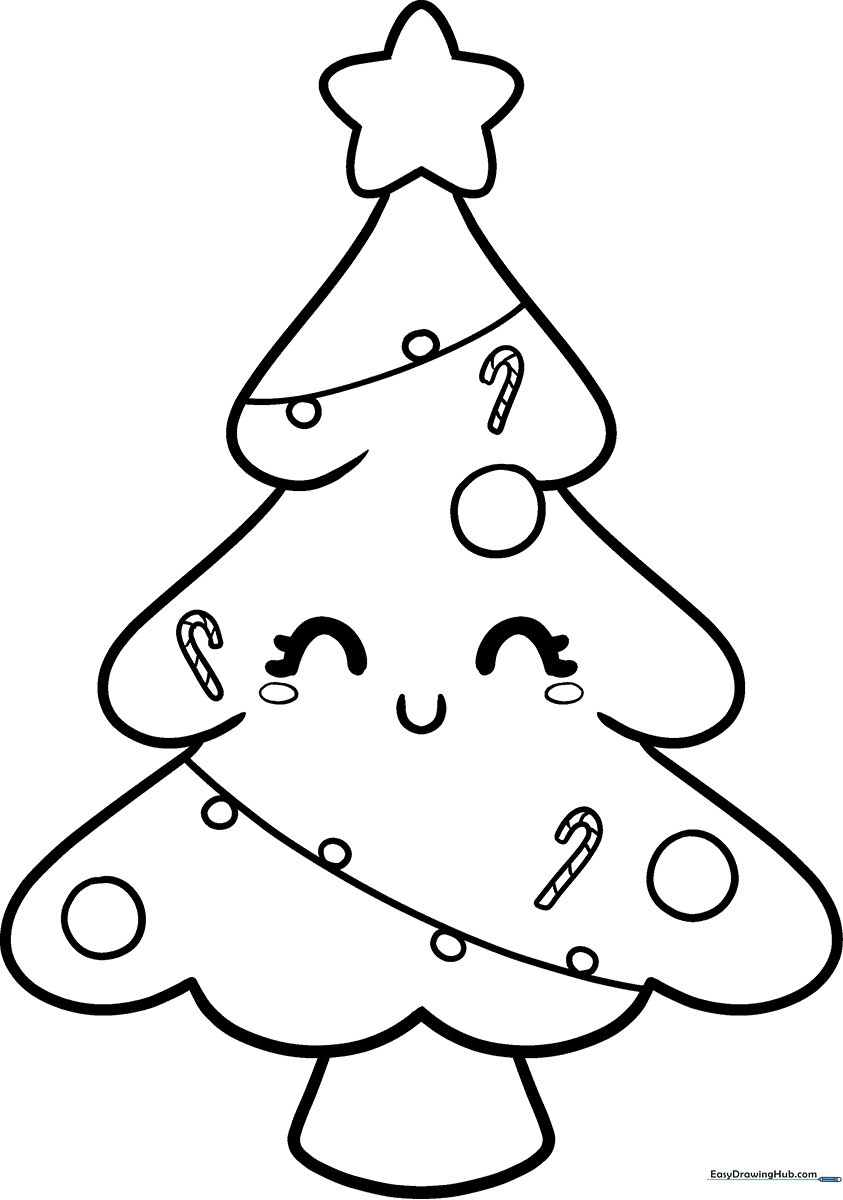 A cheerful cartoon Christmas tree with a smiling face, star topper, and round ornaments, ready for children to color with crayons or markers.
