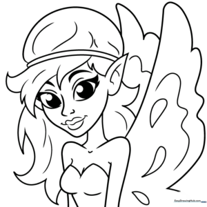 Close-up line art of a fairy face with large expressive eyes and delicate wings, designed for children to color.