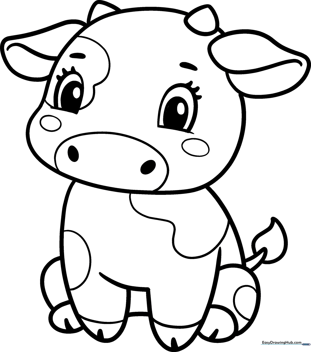 A friendly cartoon cow with large eyes and simple, bold outlines, perfect for children to color with markers or crayons.