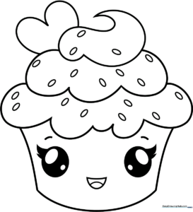 Black and white line art of a smiling cupcake with a swirled frosting top and a polka-dot wrapper, ready for coloring.