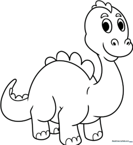 A friendly, cartoon-style dinosaur with large eyes and a rounded body, featuring clean, thick outlines suitable for young children to color.