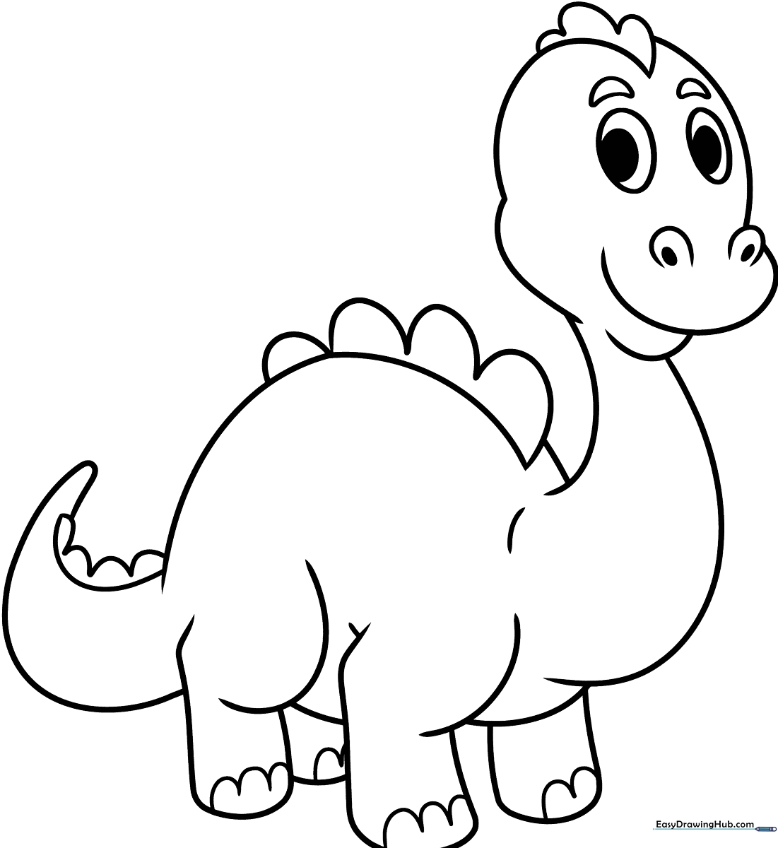 A friendly, cartoon-style dinosaur with large eyes and a rounded body, featuring clean, thick outlines suitable for young children to color.