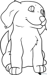 Black and white line art of a friendly puppy with large expressive eyes, designed for children to color with crayons or markers.