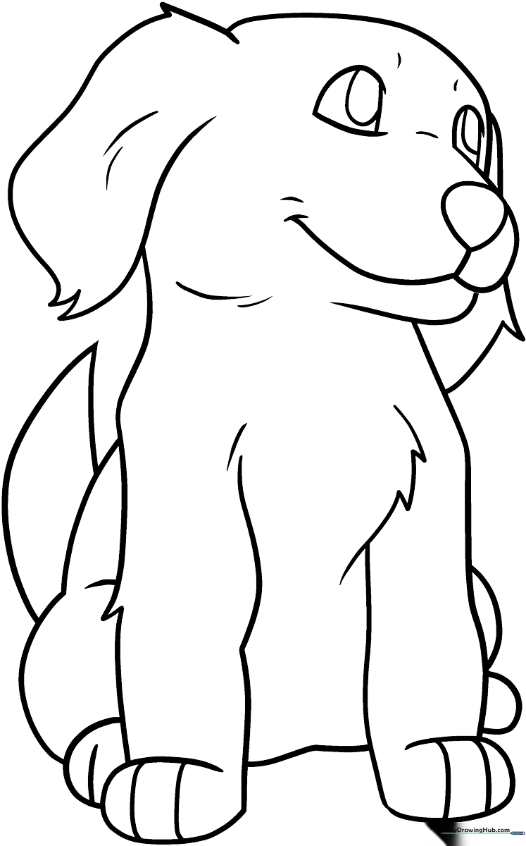 Black and white line art of a friendly puppy with large expressive eyes, designed for children to color with crayons or markers.