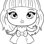 Black and white line art of a cute doll with large expressive eyes, ready for children to color with crayons or markers.