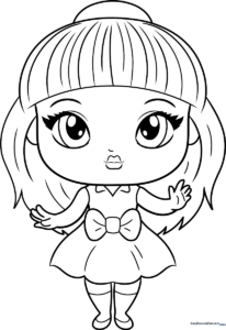 Black and white line art of a cute doll with large expressive eyes, ready for children to color with crayons or markers.