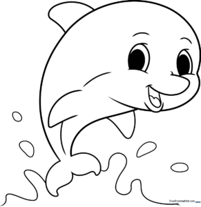 A friendly cartoon dolphin with a smiling face and curved tail, outlined in bold black lines on a white background for easy coloring.