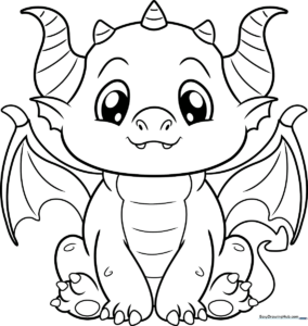 Black and white line art of a friendly baby dragon with large eyes and small wings, designed for children to color.