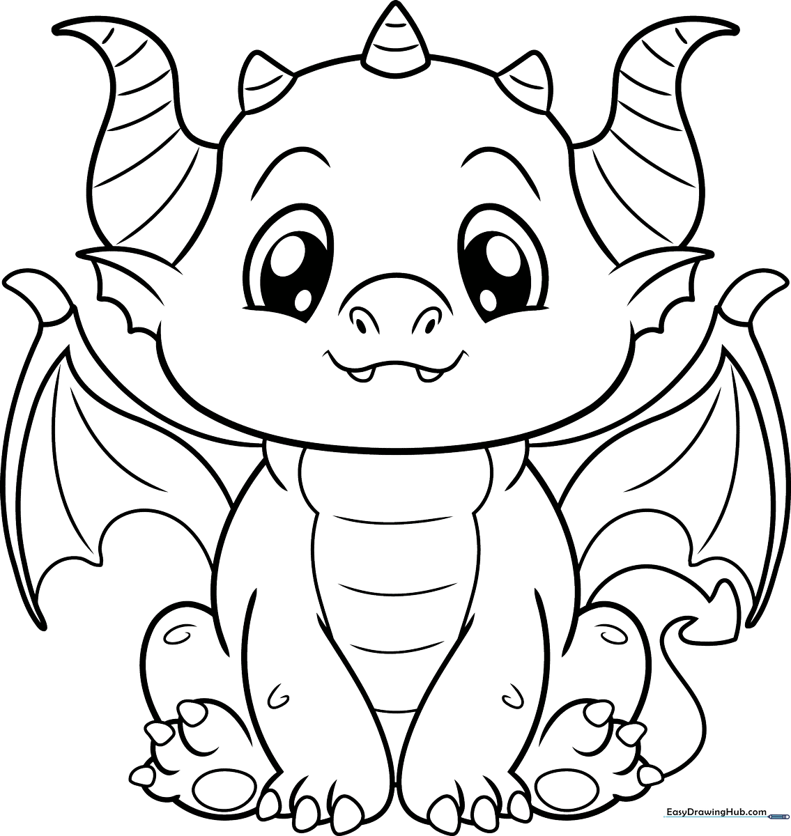Black and white line art of a friendly baby dragon with large eyes and small wings, designed for children to color.