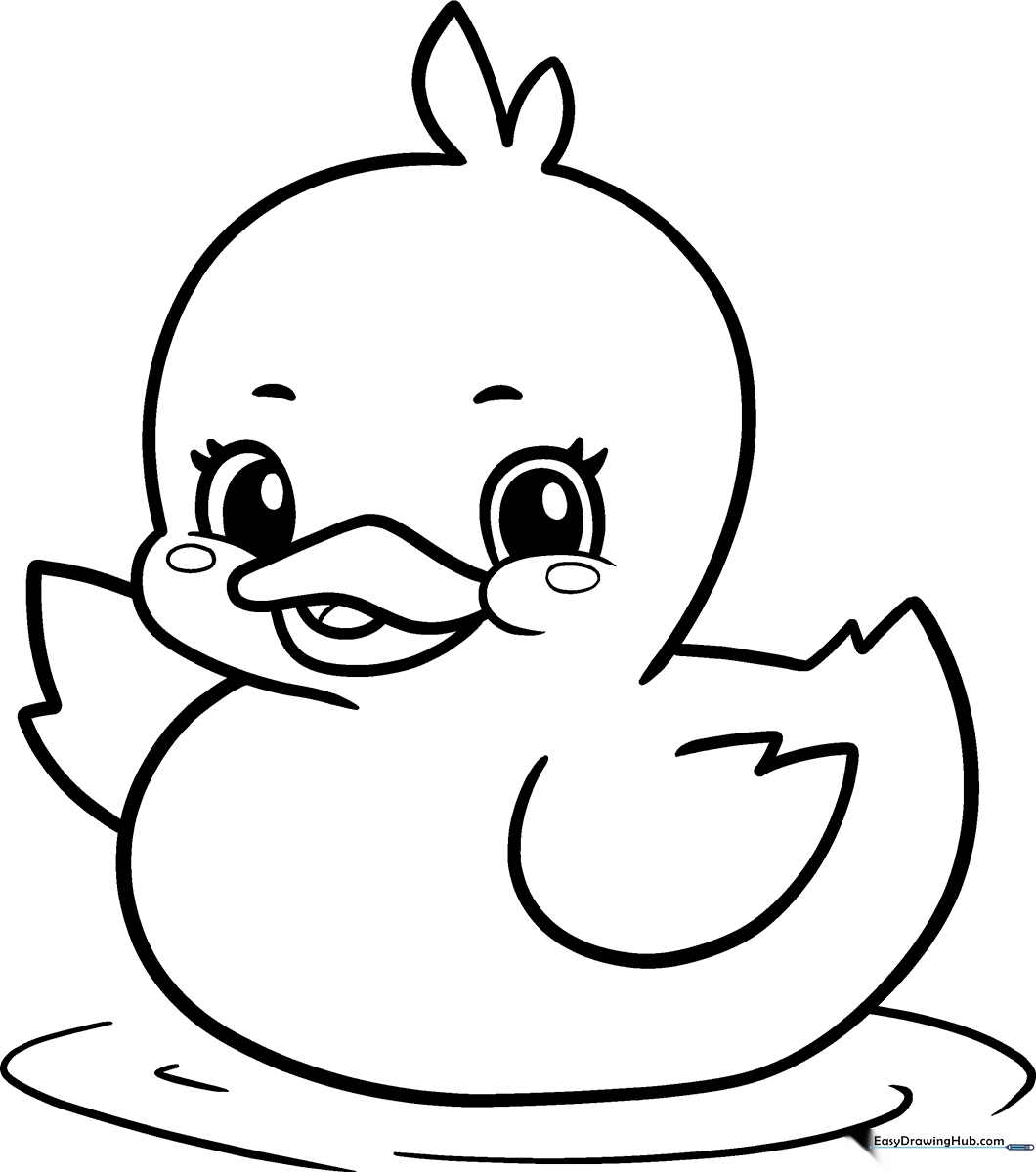 A friendly cartoon duck with large eyes and a rounded body, featuring bold, clean outlines perfect for young children to color.