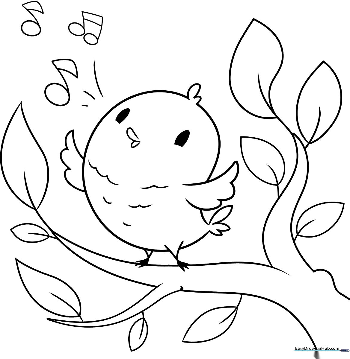 A simple, clean-lined illustration of a cute cartoon bird with large eyes and rounded wings, designed as a coloring activity for children.
