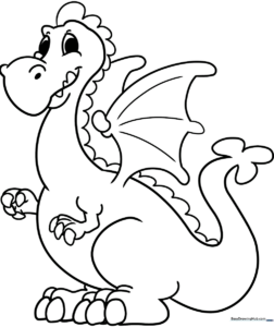 A friendly cartoon dragon with large expressive eyes and small wings, featuring bold, clean outlines perfect for children to color.