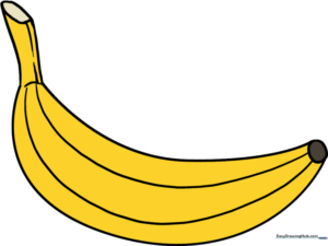 Hand-drawn cartoon banana with a bright yellow peel and brown stem tips.
