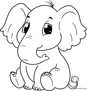 A friendly cartoon elephant with large ears and a curled trunk, featuring thick black outlines on a white background for easy coloring.