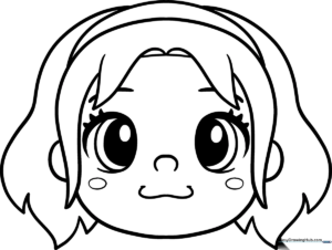 A clean, black-and-white line art illustration of a friendly cartoon face with large, expressive eyes and a gentle smile, designed for children to color.