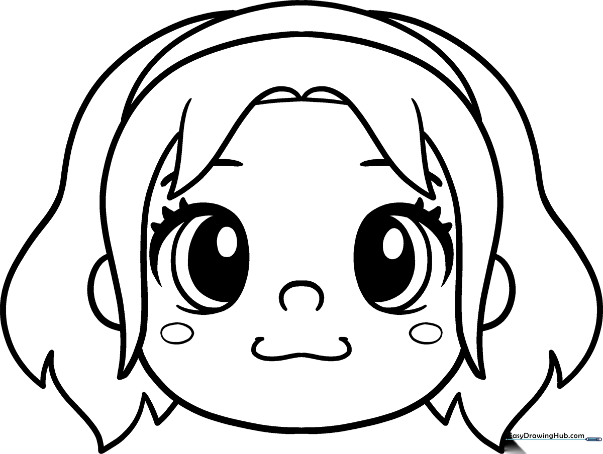 A clean, black-and-white line art illustration of a friendly cartoon face with large, expressive eyes and a gentle smile, designed for children to color.