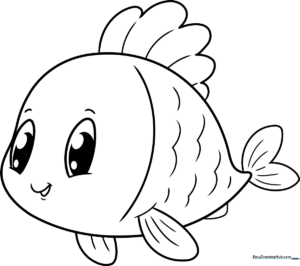 A friendly cartoon fish with large expressive eyes and distinct scales, featuring bold outlines perfect for children learning to color within the lines.