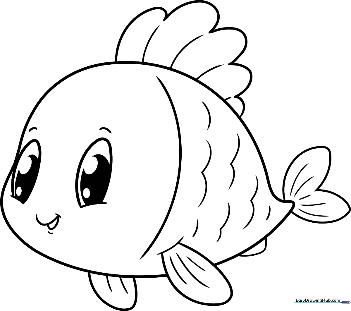 A friendly cartoon fish with large expressive eyes and distinct scales, featuring bold outlines perfect for children learning to color within the lines.