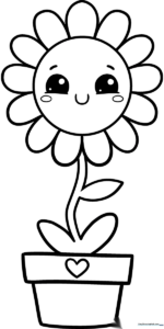 A friendly, smiling cartoon flower with large petals and a simple stem, outlined in bold black lines for easy coloring by young children.