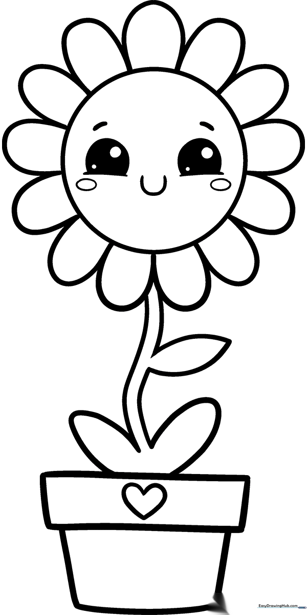 A friendly, smiling cartoon flower with large petals and a simple stem, outlined in bold black lines for easy coloring by young children.