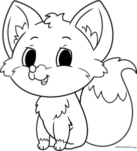 A friendly cartoon fox with large, expressive eyes and a bushy tail, outlined in bold black lines on a white background for easy coloring.