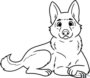 Line art illustration of a friendly German Shepherd puppy with large ears and a happy expression, ready for children to color.