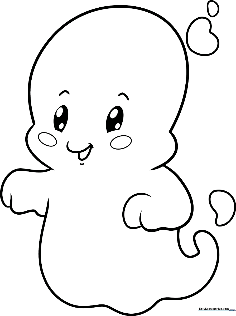 A friendly, smiling ghost character with rounded edges and large eyes, outlined in bold black lines on a white background, ready for coloring.