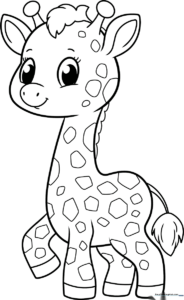 A friendly cartoon giraffe with large expressive eyes and distinct spots, featuring bold, clean outlines perfect for young children to color.