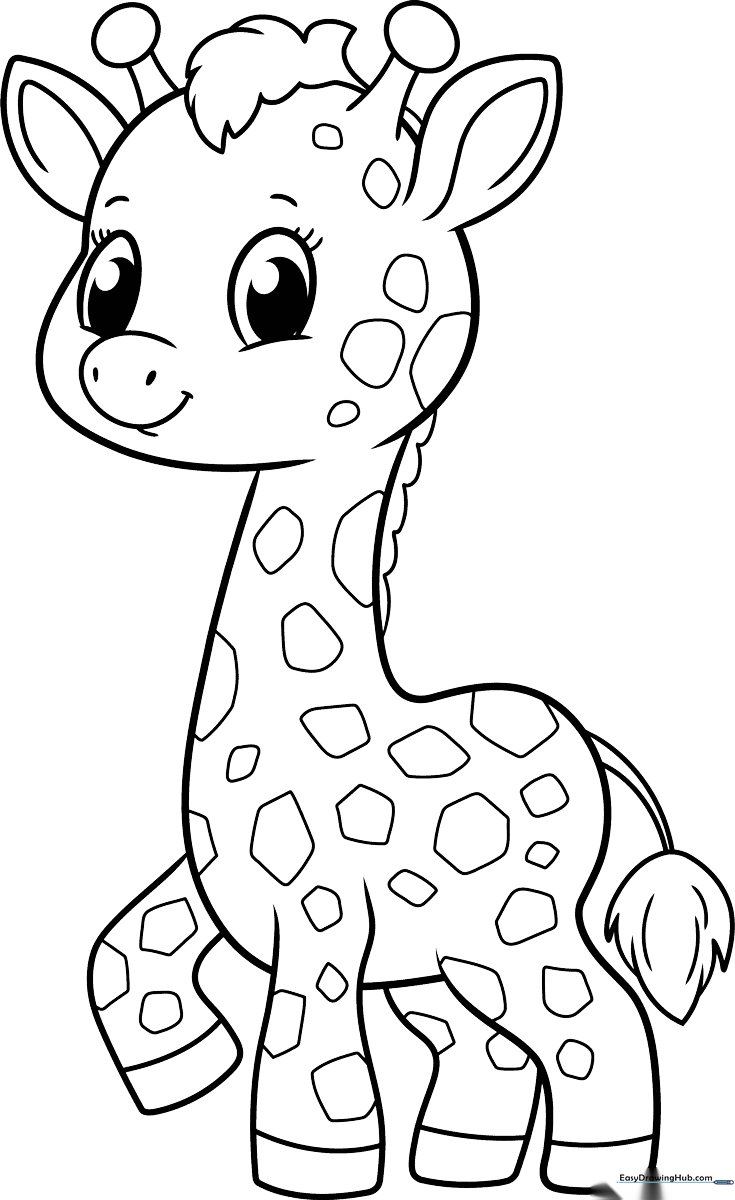 A friendly cartoon giraffe with large expressive eyes and distinct spots, featuring bold, clean outlines perfect for young children to color.