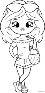 Black and white line art of a cute girl with expressive eyes and stylish hair, ready for coloring with markers or crayons.