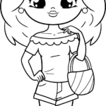Black and white line art of a cute girl with expressive eyes and stylish hair, ready for coloring with markers or crayons.