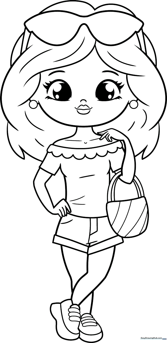 Black and white line art of a cute girl with expressive eyes and stylish hair, ready for coloring with markers or crayons.