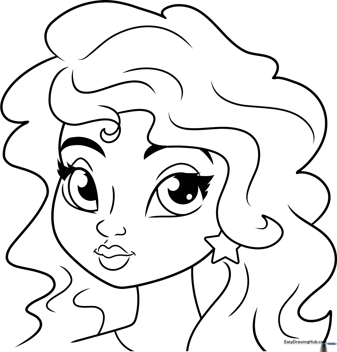 Black and white line art of a cute girl face with large expressive eyes, suitable for children to color with crayons or markers.