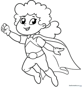 Line art of a cute girl superhero wearing a cape and mask, ready for coloring with clear, bold outlines for easy filling.